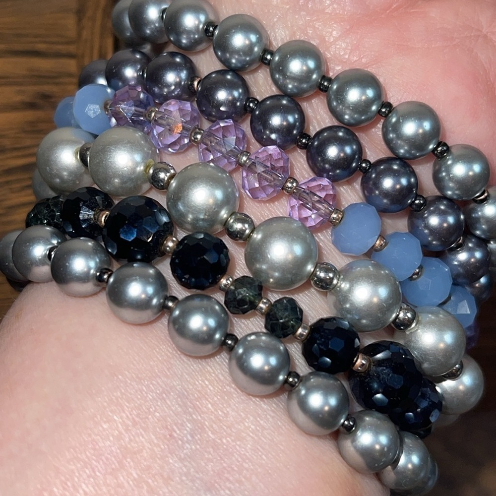 Chunky Real Pearl Bracelet Multicolored & Silver Stations, Rhinestone